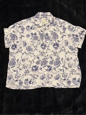 Cynthia Rowley 100% Linen Floral Button Shirt Womens Small White Blue Coastal